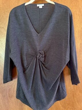 Garnet Hill Charcoal Twist-Front V-Neck Merino Wool Sweater- XL